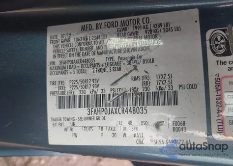 2012 Ford Fusion Sel z USA, uszkodzony, nr VIN 3FAHP0JAXCR448035